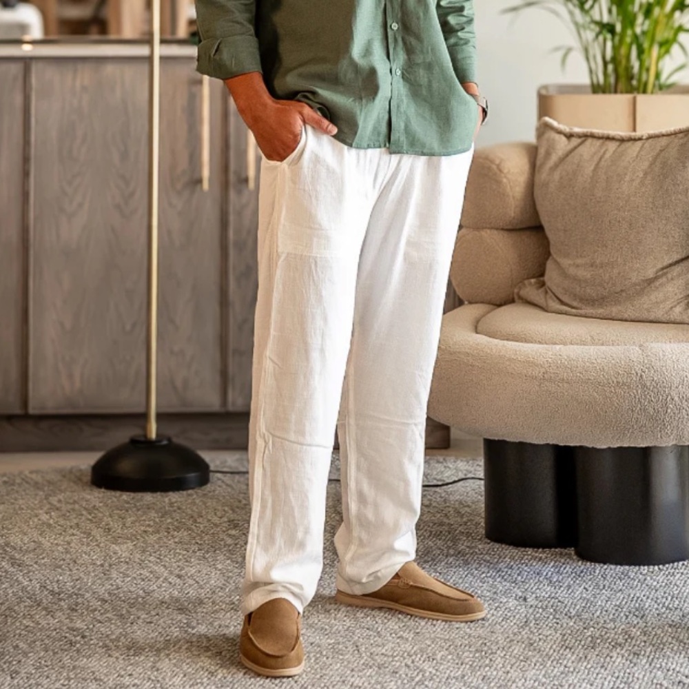 Old Money Men's White/Beige Linen Blend Relaxed Pants - medium - NEW